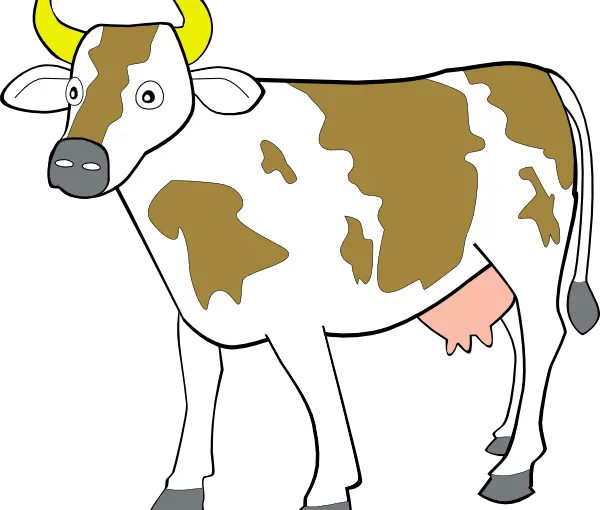 PNG image of a cartoon cow, white, brown, spotted, female