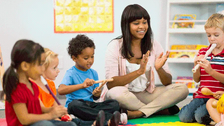 Desktop background with a design of happy children in kindergarten