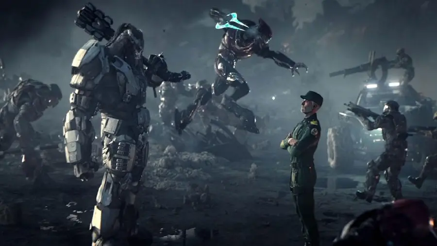 Wallpaper of Master Chief amidst the alien attack