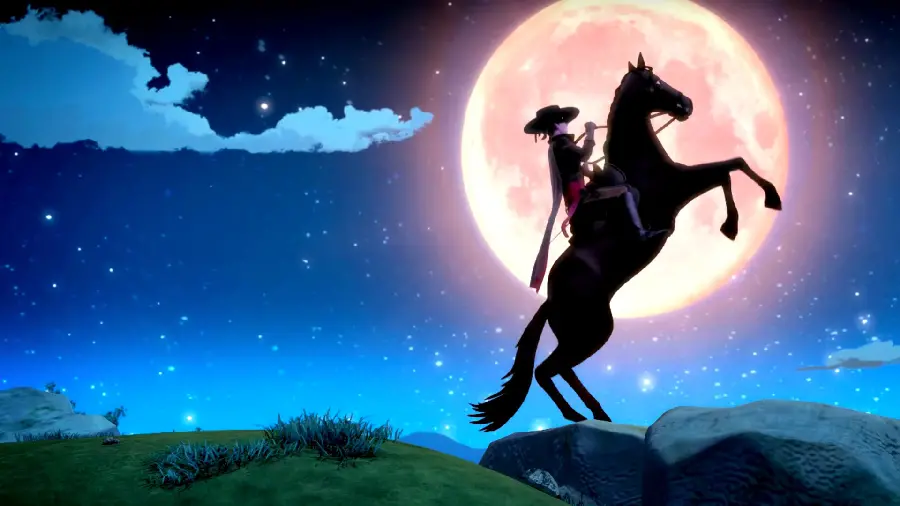 Photo of Zorro riding a horse with a moon in the sky in the background