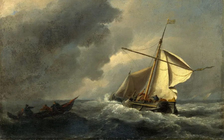 A fantastic and incredible image of a classical art painting of a ship in the waves of the sea 