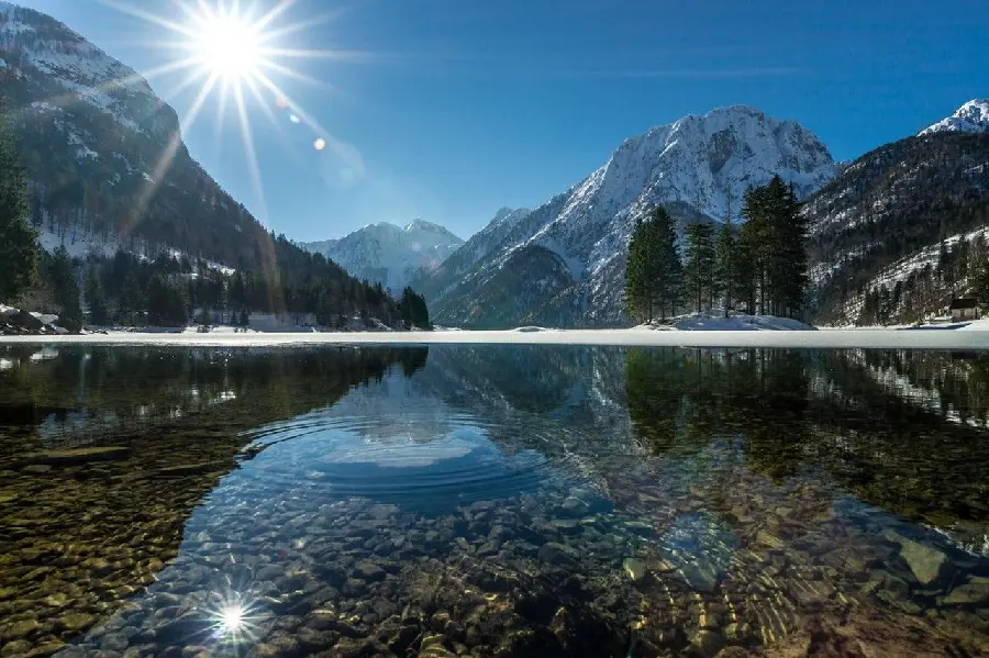 Most viewed photo of a full-flowing mountain lake with sunlight 