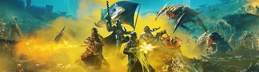Helldivers 2 wallpaper with a scenario of fighting aliens 