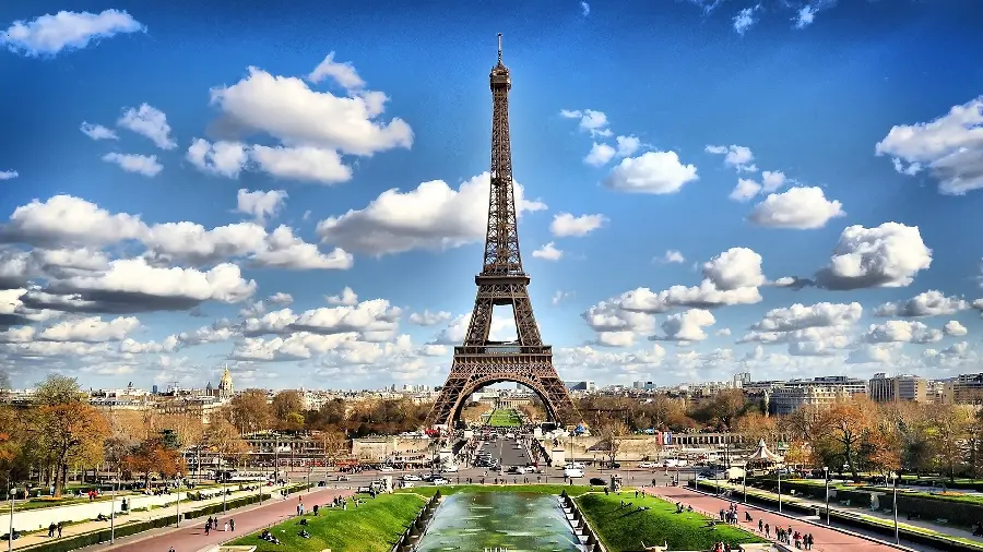 Background image Magnificent Eiffel Tower in the blue sky of Paris 2023