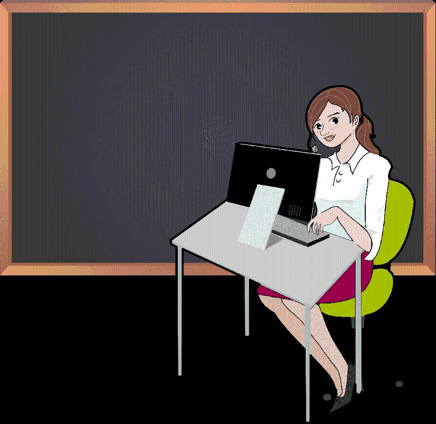 Download PNG image of a female teacher facing a laptop next to a blackboard 