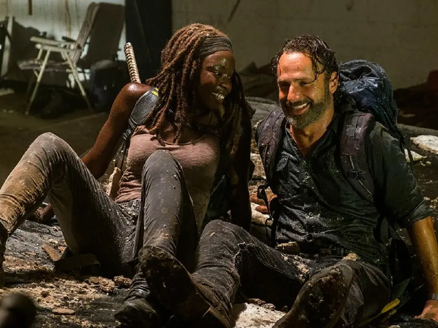 Picture of Rick and Michonne, happy and smiling in the Walking Dead series