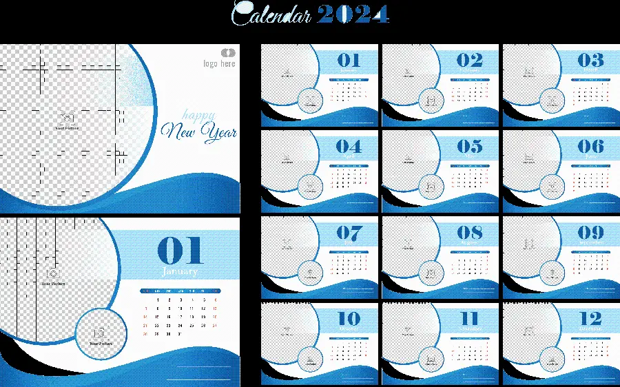 Image of the calendar and months of the new year 2024 with a blue theme