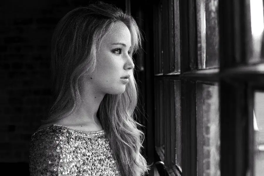 Beautiful black and white stock photo of the attractive face of Jennifer Lawrence