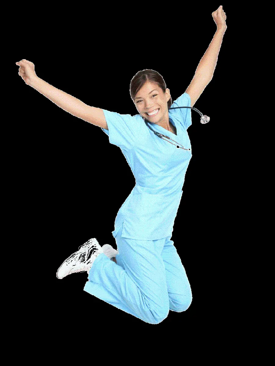 Photo of a happy and smiling nurse jumping in PNG format