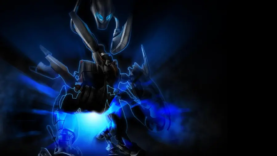 Wallpaper with blue nets of a cool and scary robot