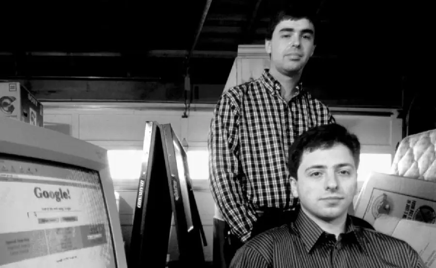 Old black and white background image of Larry Page and Sergey Brin