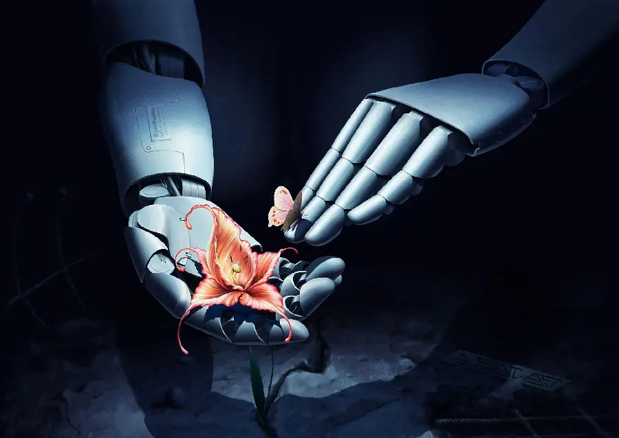 Background image of a beautiful flower between the hands of a robot