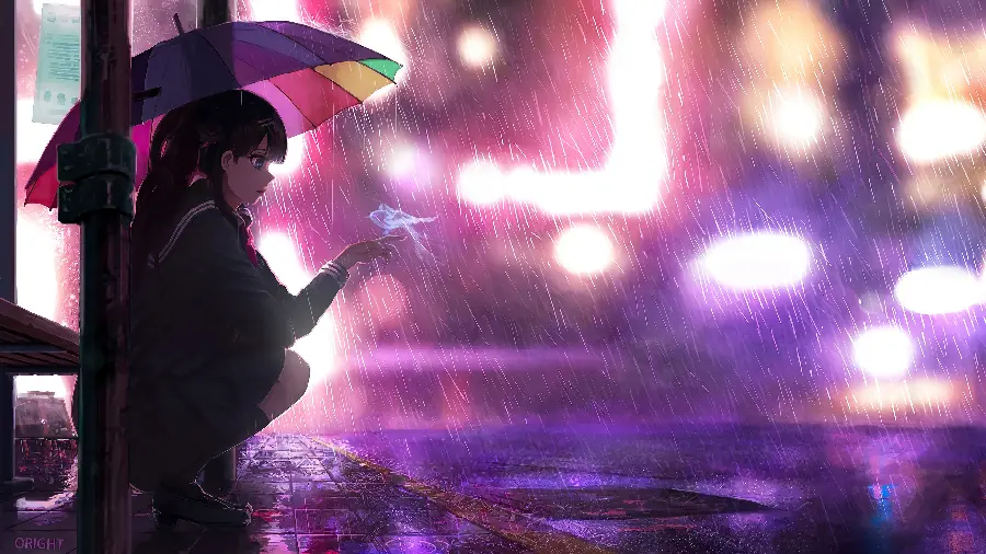 Stylish anime photo of a girl with an umbrella under the rain suitable for a profile 
