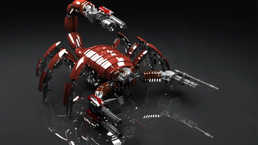 Wallpaper of a cool robot and the shape of a red scorpion in 3D design