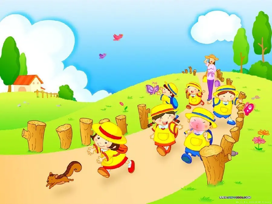 Cartoon photo of cute and cheerful children on their way to kindergarten