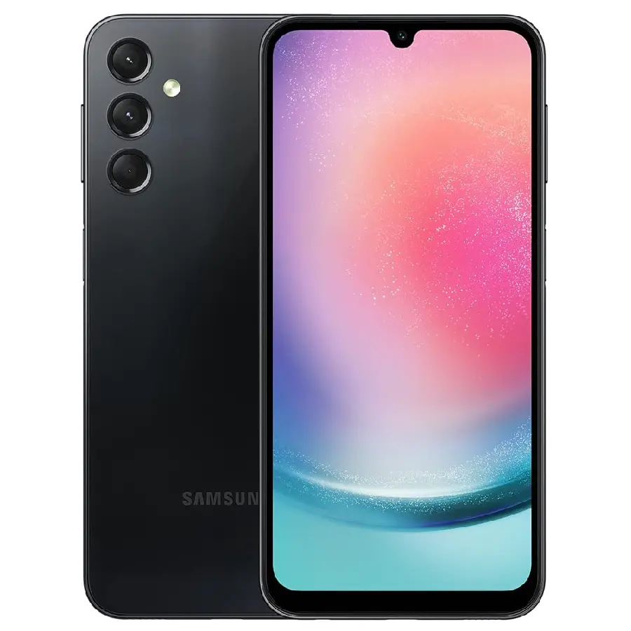 Photo of the back of the Samsung Galaxy A24 plus the default wallpaper