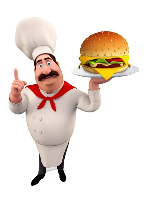 Cartoon and layered photo of a chef with a burger in his hand
