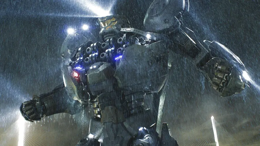 A picture of a cool and modern waterproof robot in the rain