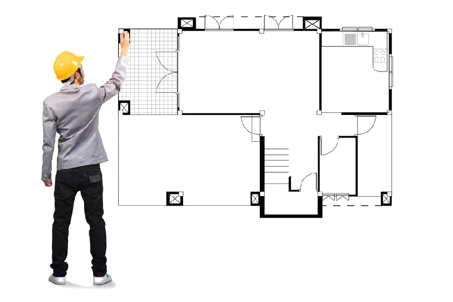 Photo of engineer and architect drawing a plan on a blackboard 