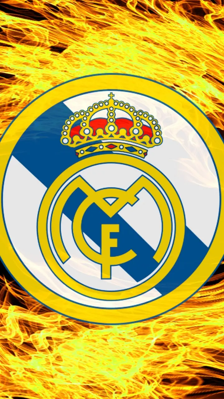 The most beautiful Real Madrid logo photo with a golden and fiery yellow background 
