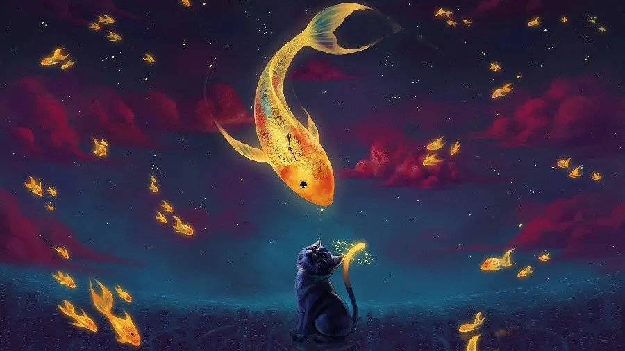 A Spectacular and Amazing Surrealism Cat and Fish Background Photo