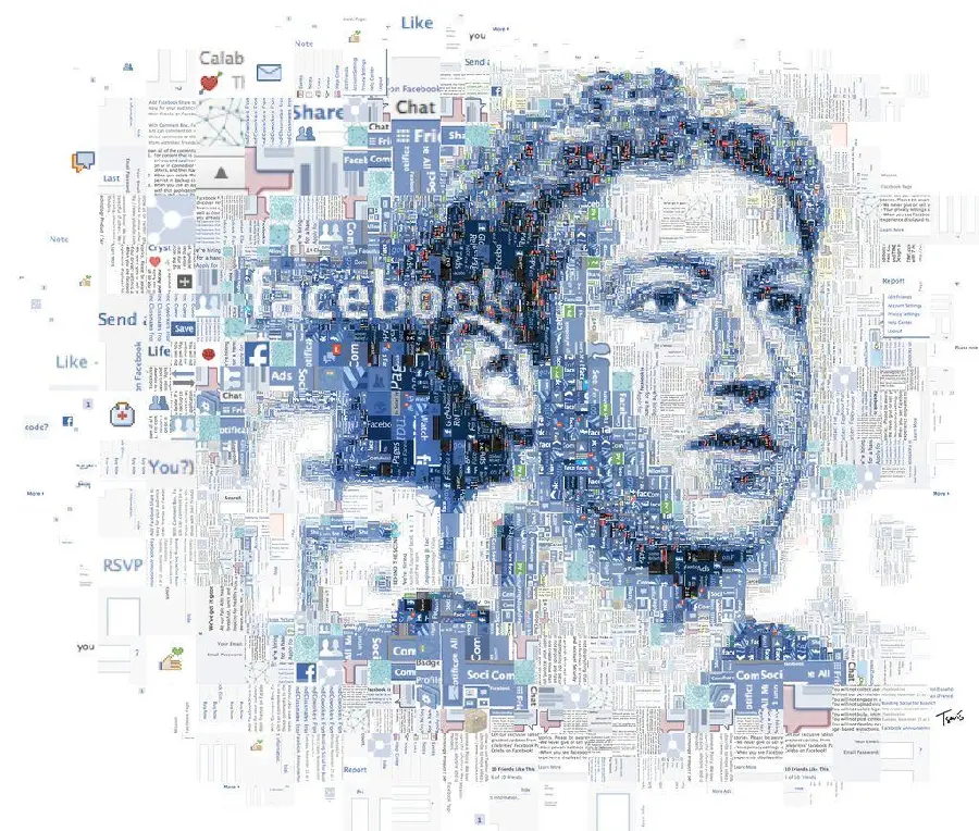 Creative and computer drawing of Mark Zuckerberg with Facebook logo design 