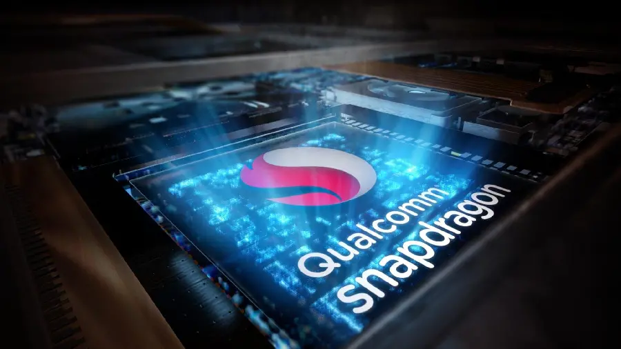 Background photo of the Snapdragon processor with bright blue lights