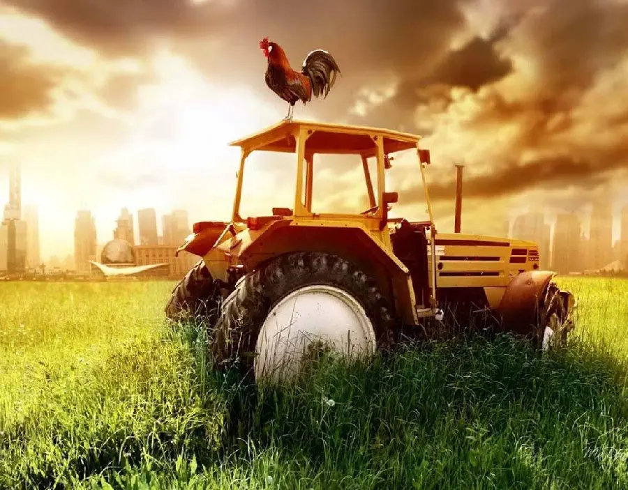 Interesting and beautiful background image of an old tractor in a field at sunrise