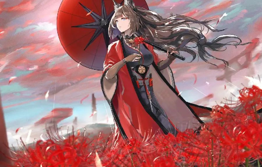 Fantasy and graphic photo of a red anime umbrella with red flowers 