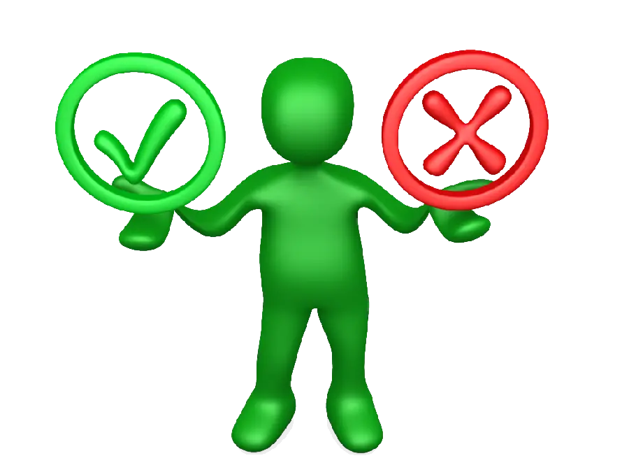 Photo of a graphic man with right and wrong signs or ticks and crosses 