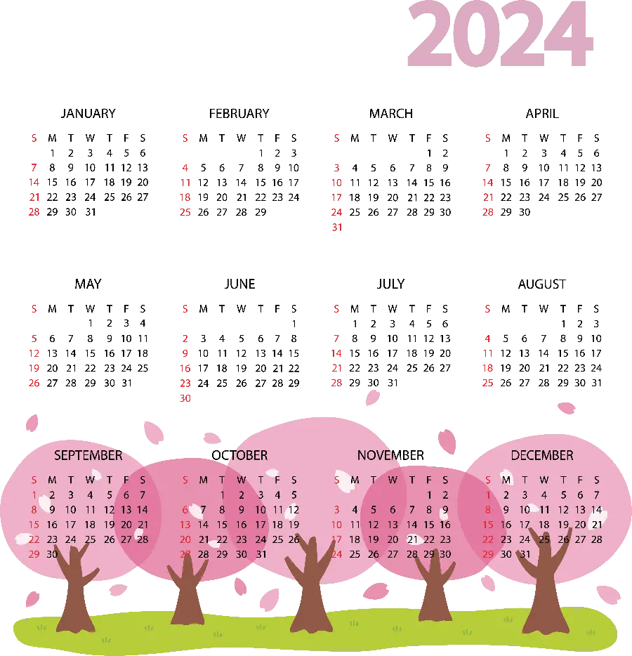 2024 Calendar Design Background with Cute Pink Trees Background