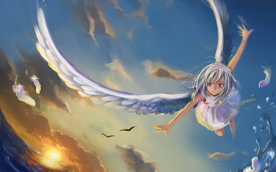 Anime photo of a girl with angel wings flying
