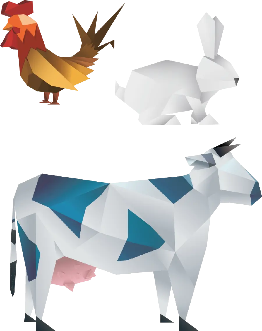 Interesting and spectacular image of a 3D digital painting of a cow, rooster and rabbit 