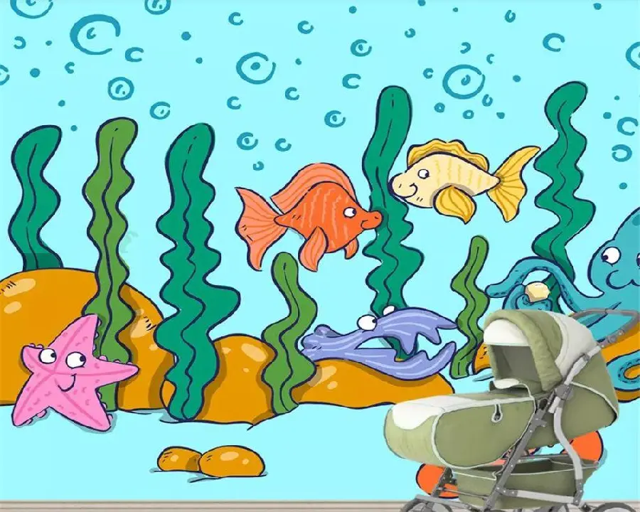 Cartoon stock photo with an underwater world design for printing kindergarten wallpaper