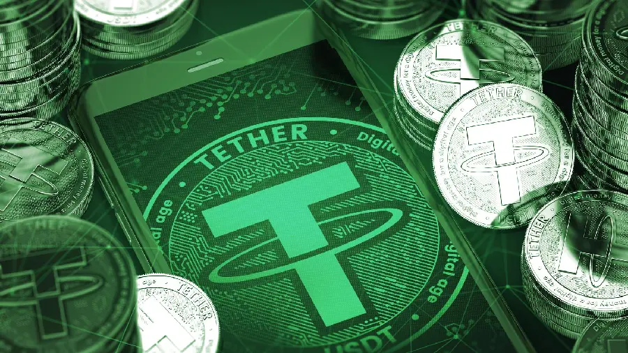 Download the photo of the green digital coin Tether, known as a stablecoin 