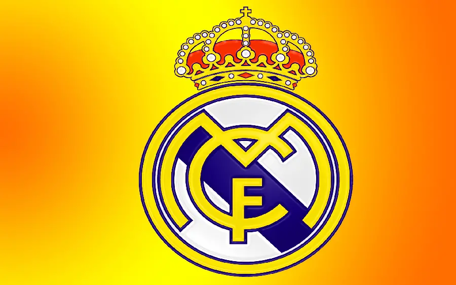 Simple photo of the Real Madrid symbol with a two-color orange and yellow background
