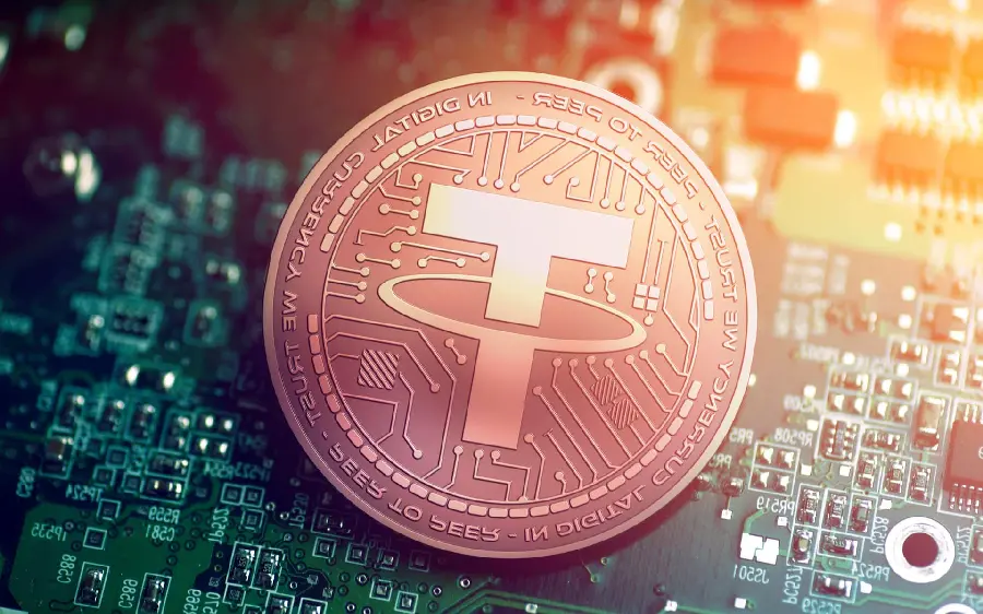 Digital background Tether on gold coin with digital background 