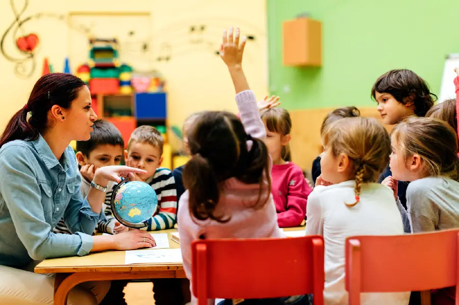 Photo of a kindergarten teacher explaining and teaching the map and the globe