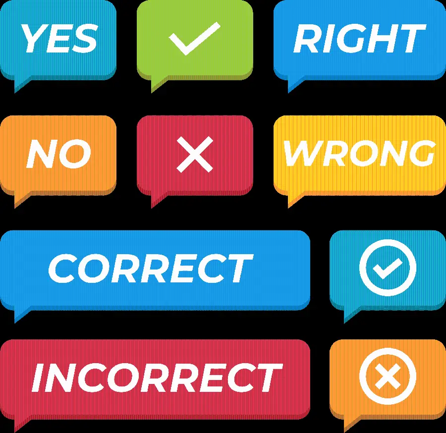 Image of true and false English signs typed in different colors