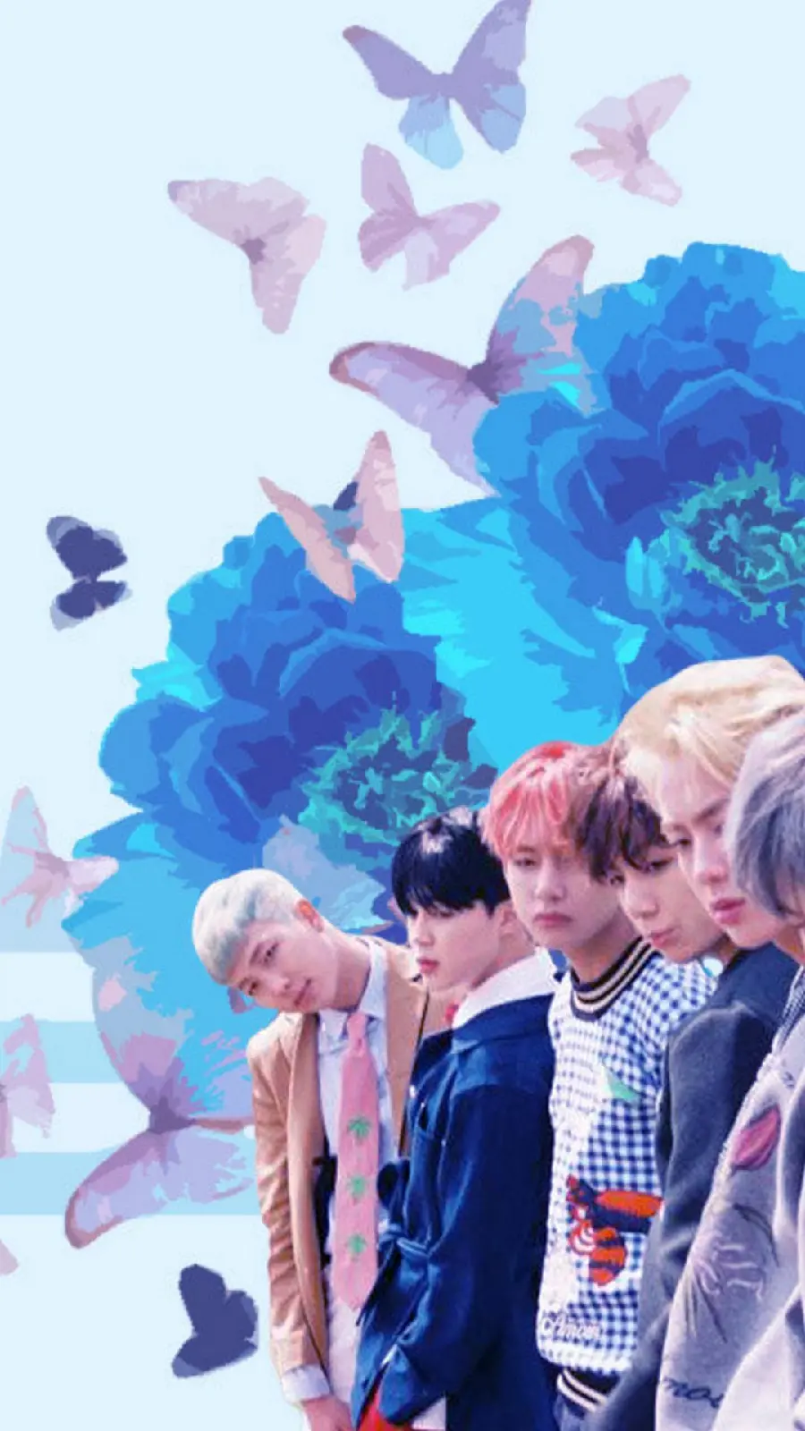 Photo of the Korean boy group BTS in the background of blue watercolor flowers