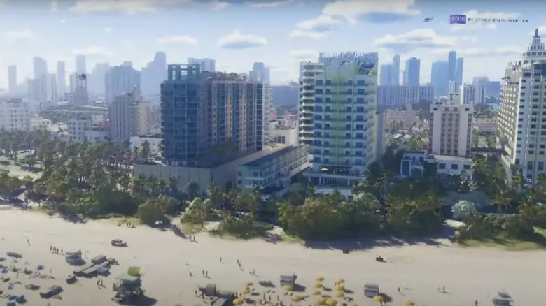 Photo of the beach and buildings and towers in the game GTA 6