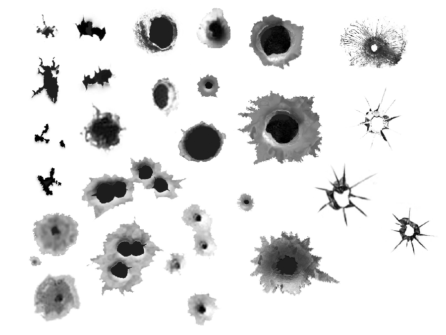 Graphic image of bullet and bullet marks on the wall in PNG format