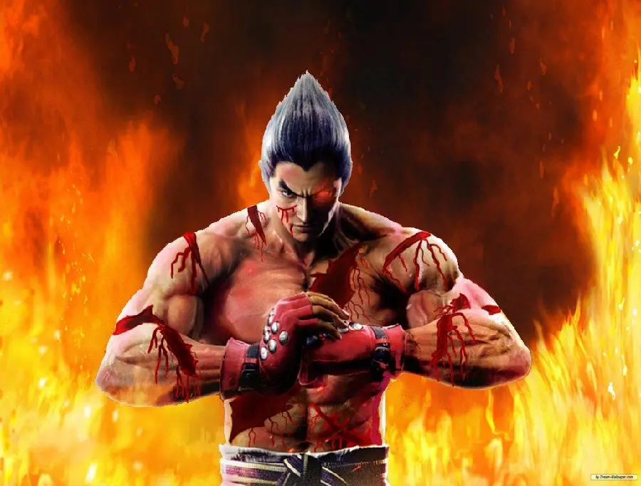 Photo of Kazuya Mishima Kazuya Mishima with a background of flames