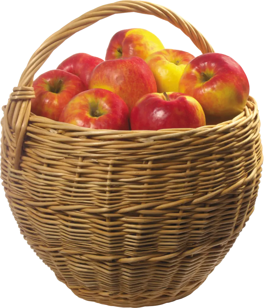 Beautiful and traditional image of a basket full of apples in PNG format 