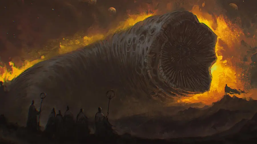 Wallpaper of a thrilling and terrifying scene from Dune 2