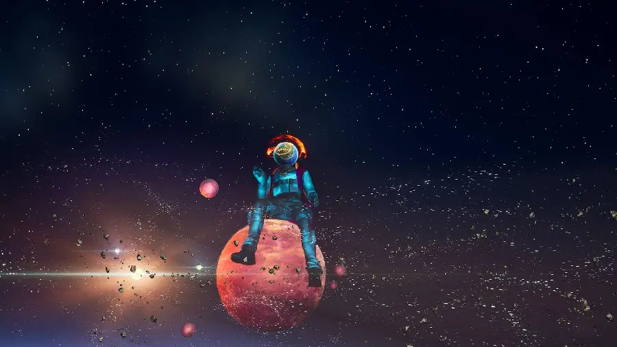 Interesting astronomy stock of astronauts riding on the planet Jupiter