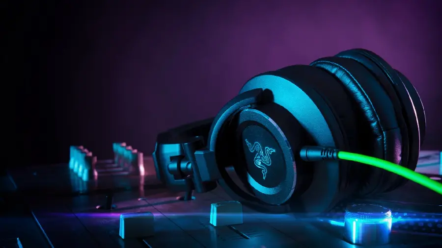 Stylish and unique photo of headphones for computer and laptop background