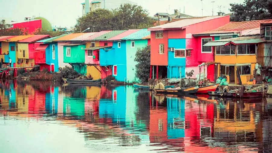 Stock photo of clean nature and sea with colorful houses