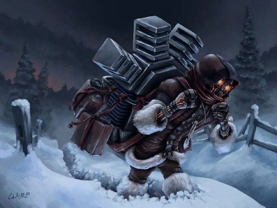 A special cool and strange robot wallpaper in a blizzard and snowy land