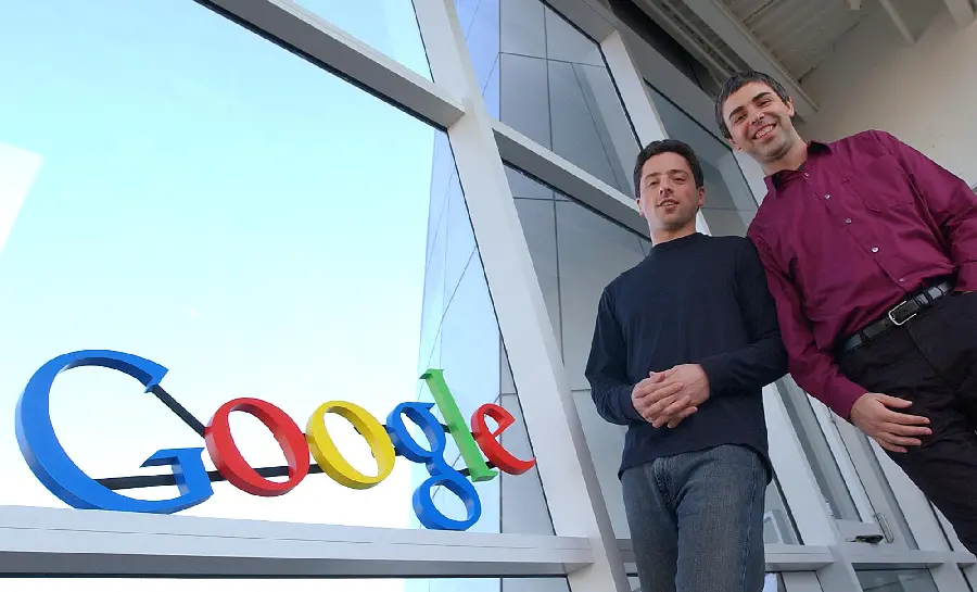 Stylish wallpaper of Larry Page and Sergey Brin with Google background